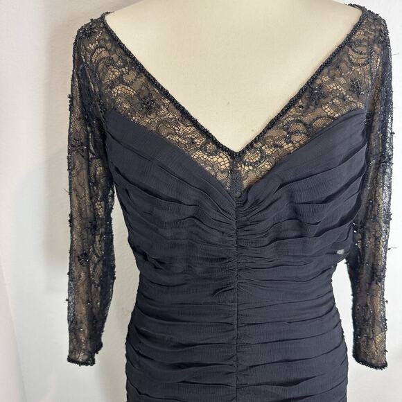 Tadashi Off Shoulder Silk Black Long Sleeve Cocktail Midi Dress Sz 10 Illusion - Picture 10 of 11